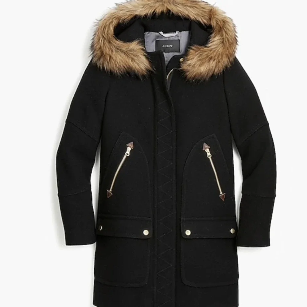 J.Crew Chateau Parka Italian Stadium-Cloth Wool Black Hooded Coat J5488 Women 10 - Picture 13 of 16